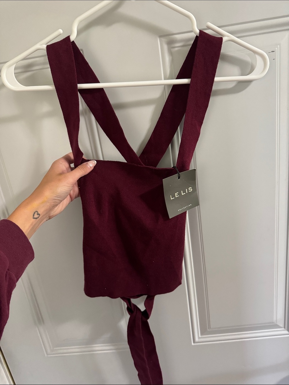 Le Lis Burgundy Knit Cross-Back Crop Tank with Tie